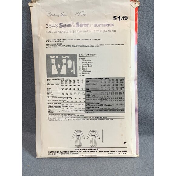 Butterick 3543 Dress Pattern Size 14-16-18 1986 Womens Sewing Pattern - Picture 2 of 2